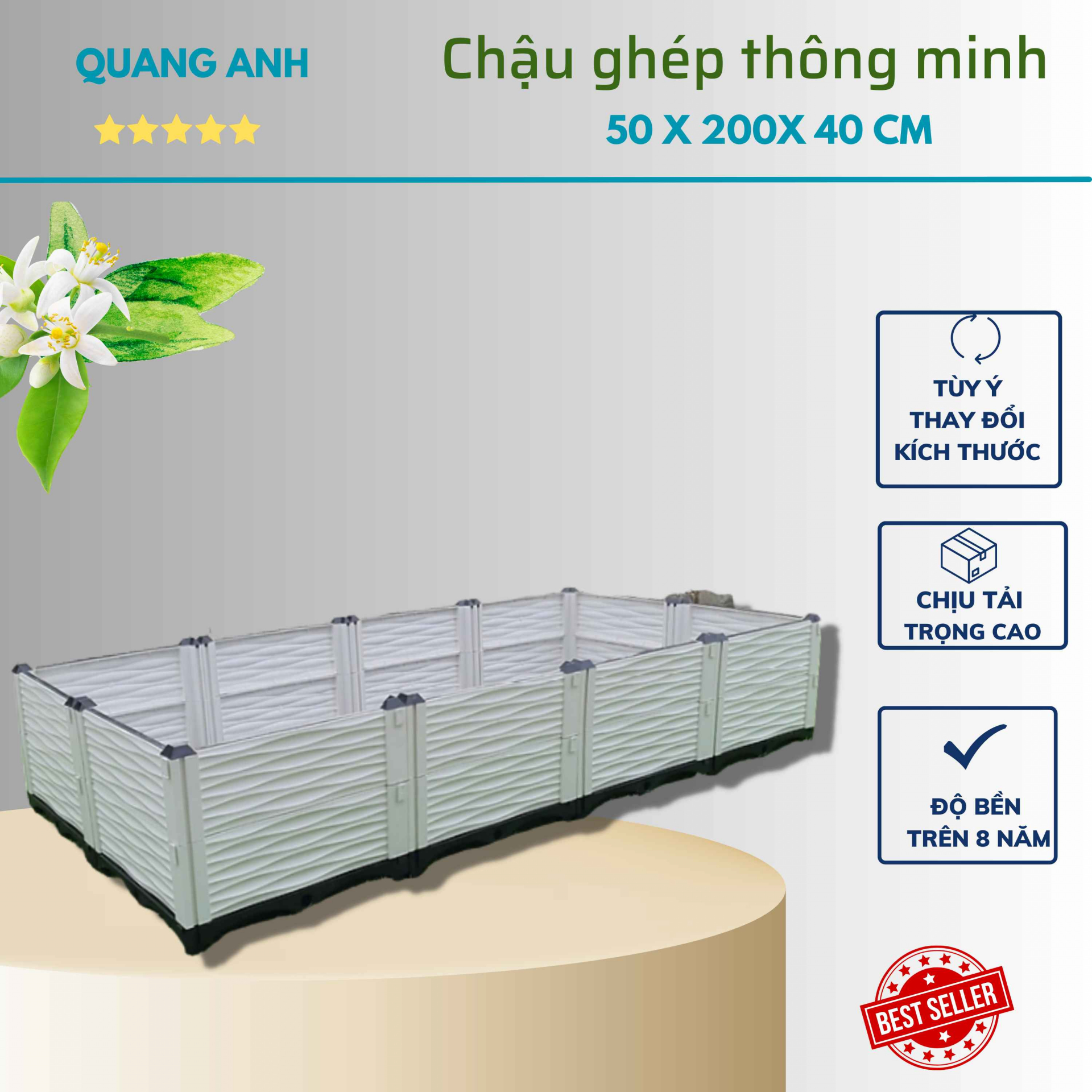Luống ghép trồng rau sạch thông minh Quang Anh KT 50x200x40cm